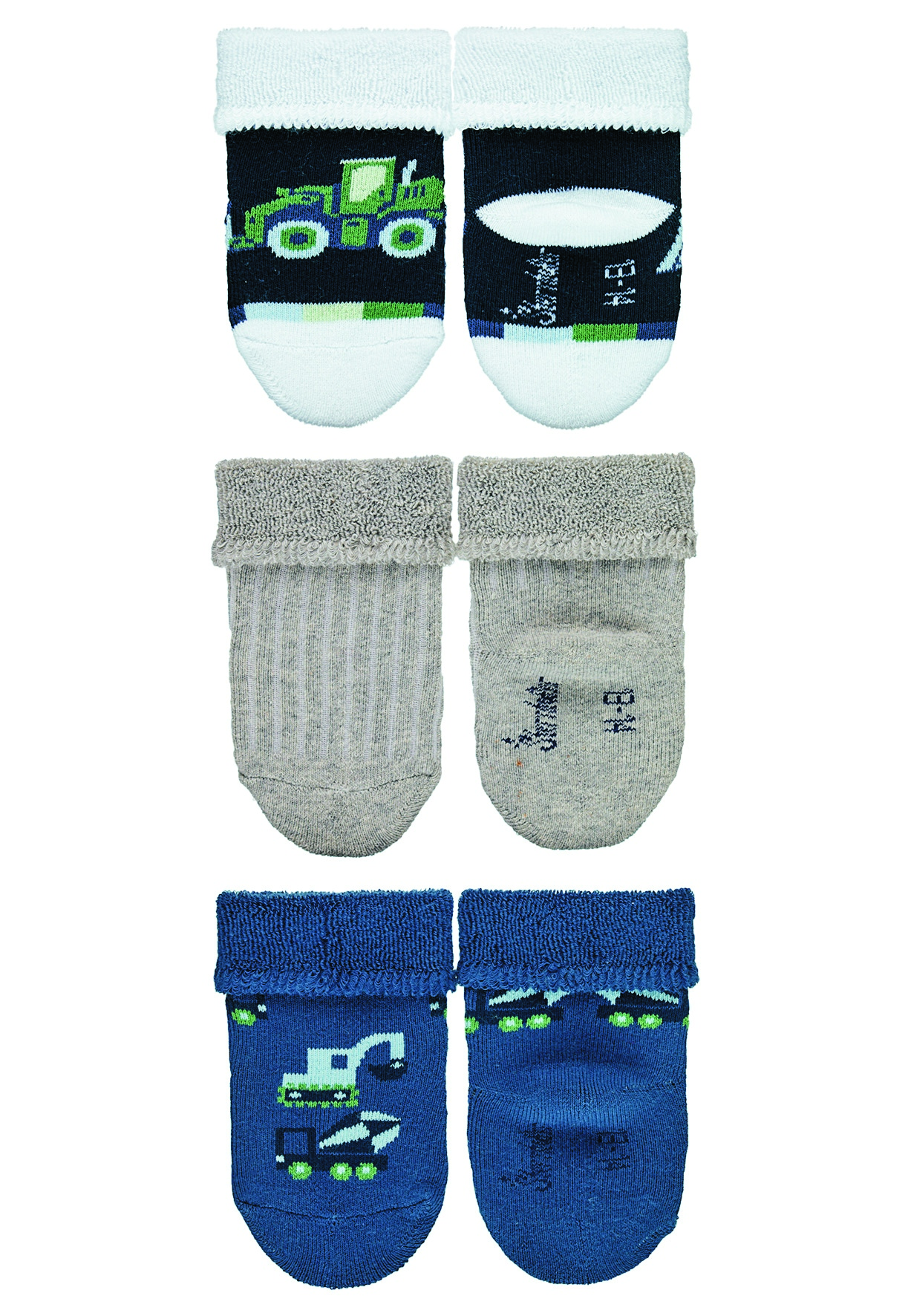 Sterntaler ponožky kojenecké s manžetkou, 3 páry, froté, stavební stroje, modré 8302120