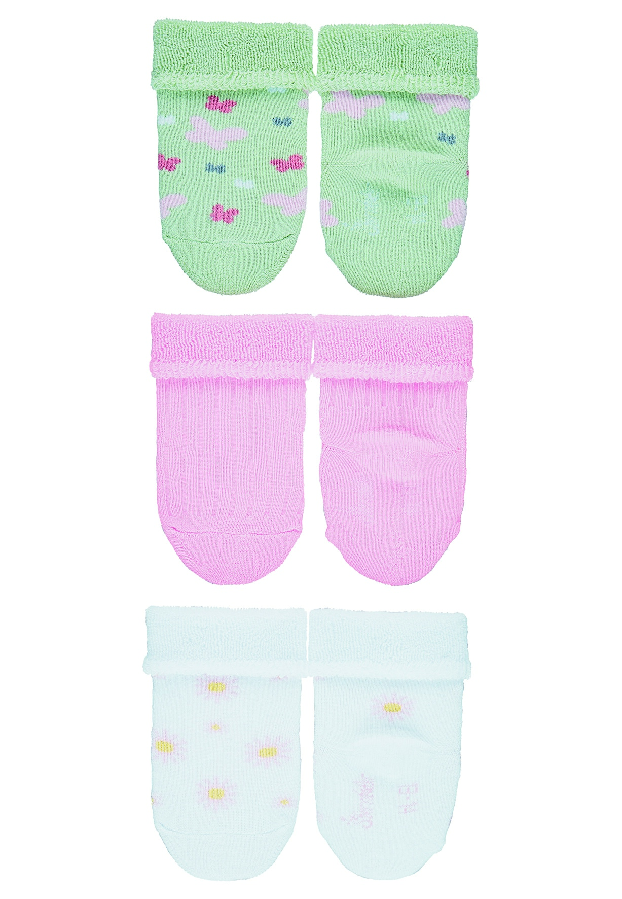 Sterntaler ponožky kojenecké s manžetkou, 3 páry, froté, kytičky, růžové 8302122