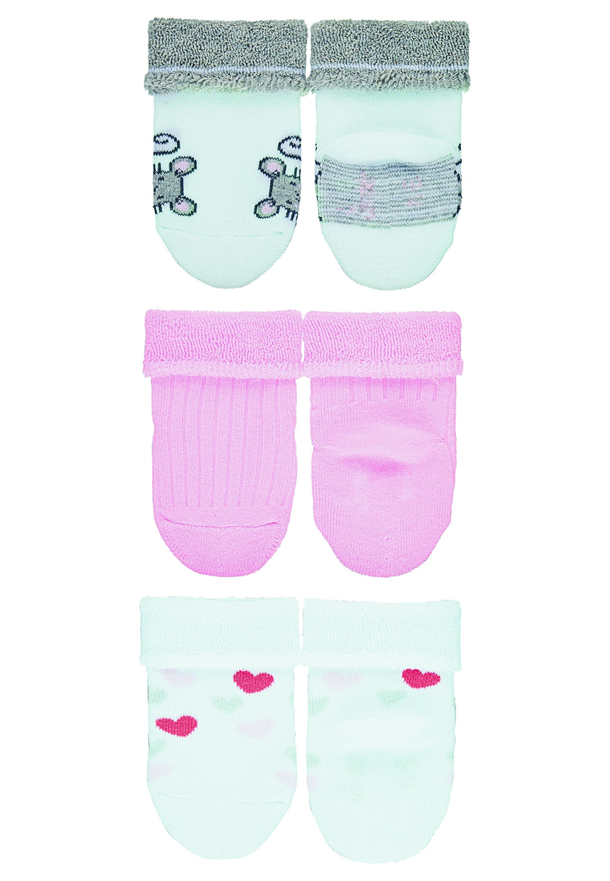 Sterntaler ponožky kojenecké s manžetkou, 3 páry, froté, myška, srdíčka, bílé 8302123