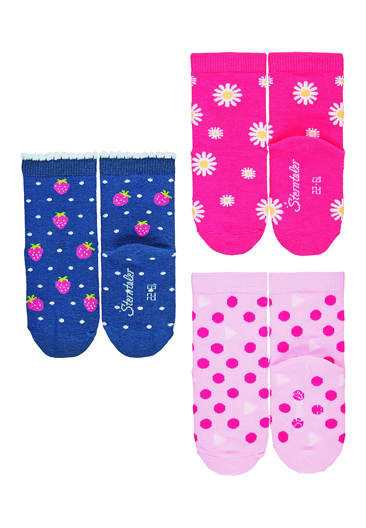 Sterntaler ponožky dívčí 3 páry tmavě růžové, jahůdky 8322125