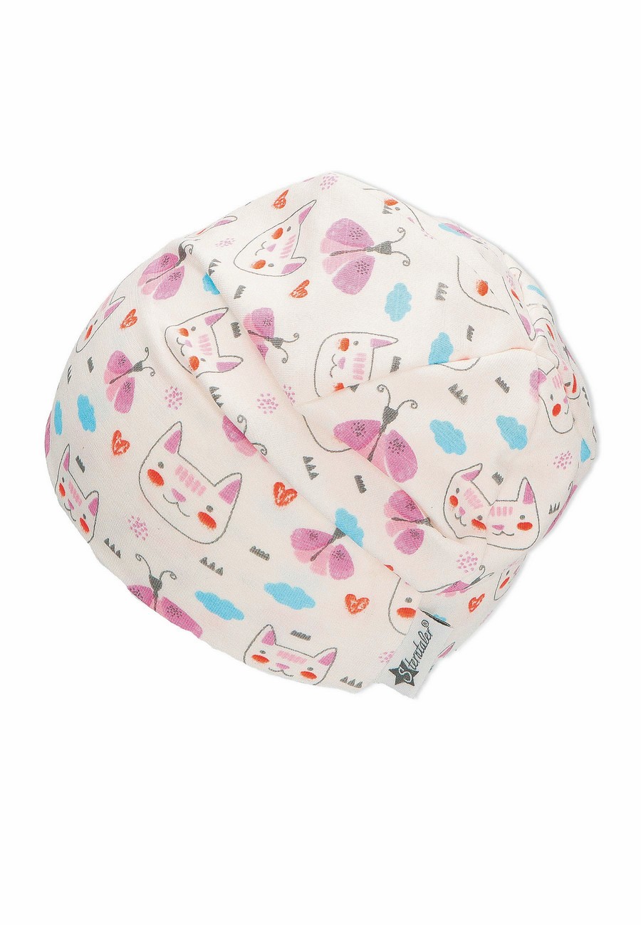 Sterntaler čepička dívčí spadlá, krémová, kočky, motýli, bavlněný jersey UV 30+ 1412250