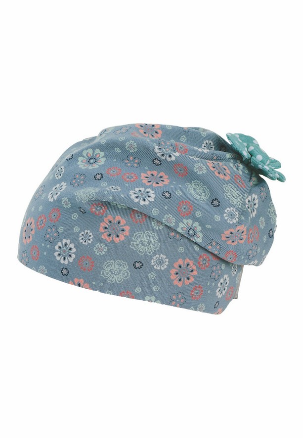 Sterntaler čepička dívčí spadlá, modrošedá kytičky, bavlněný jersey UV 15+ 1402162