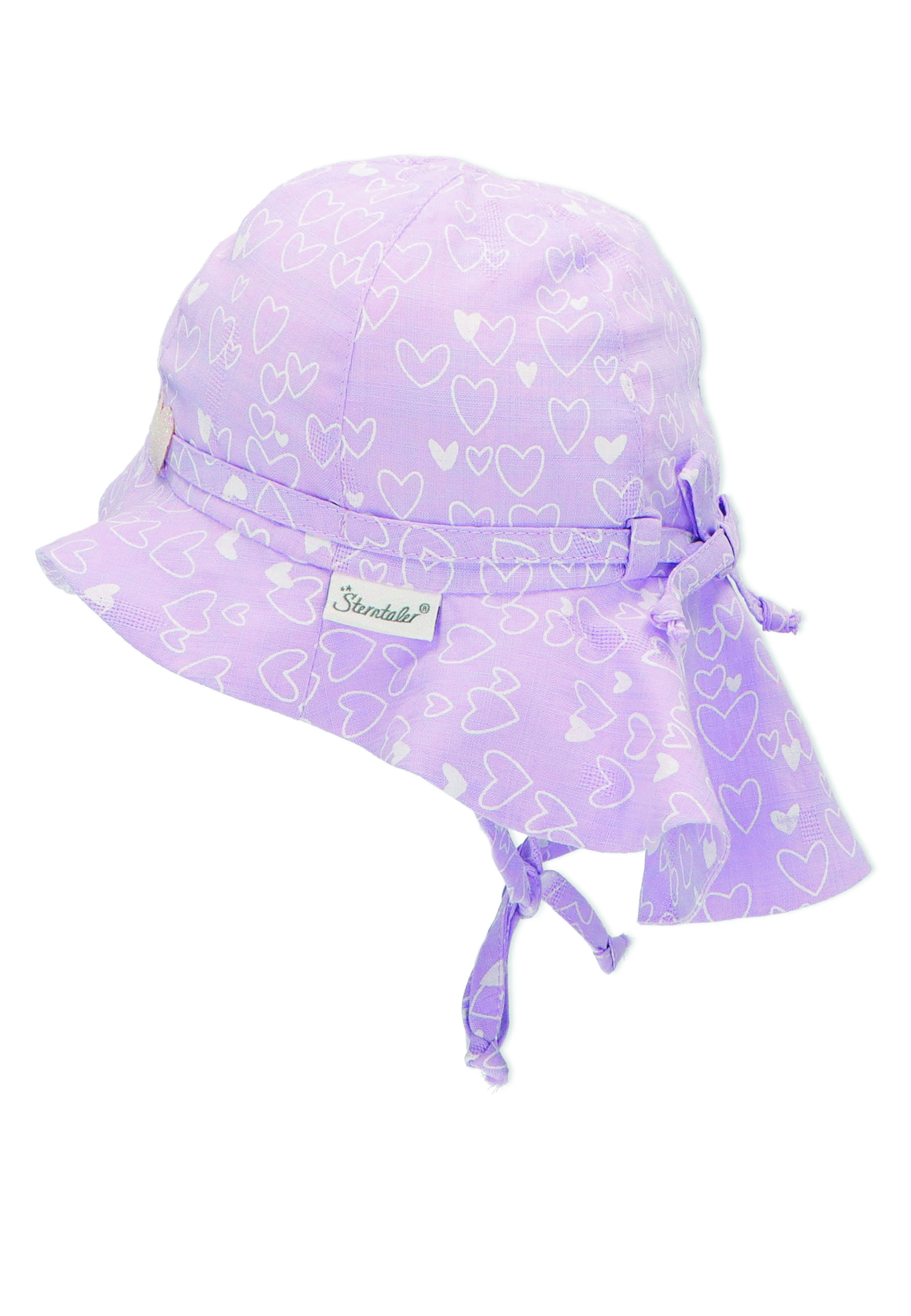 Sterntaler klobouček s plachetkou baby UV 15+ dívčí, zavazovací, fialový, třpytivé srdíčko 1402223