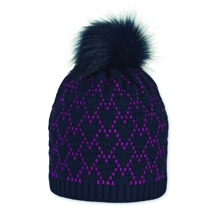 Sterntaler čepice dívčí, pletená, modrá, růžový vzor, kožešinová bambule, 4722111