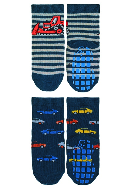 Sterntaler ponožky protiskluzové ABS 2 páry proužky, bagr, auta, tmavě modré 8102120