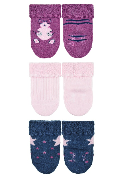Sterntaler Ponožky kojenecké, 3 páry, froté, manžetka, červené, bílé, růžové, kočička, hvězdy 8402125