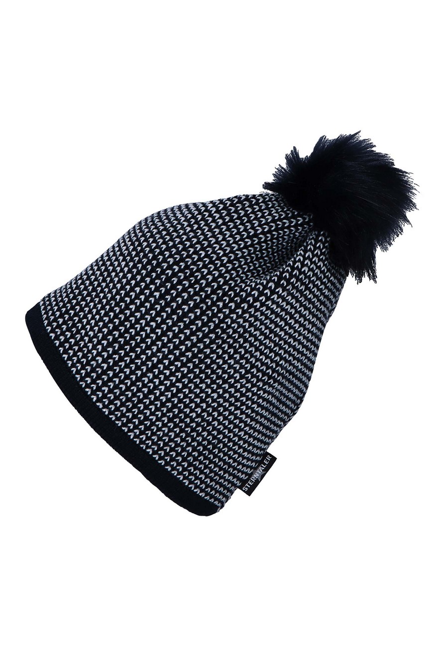 Sterntaler čepice dívčí, spadlá, pletená, tmavě modrá, bílý vzor, třpytivá, kožešinová bambule, 4722251
