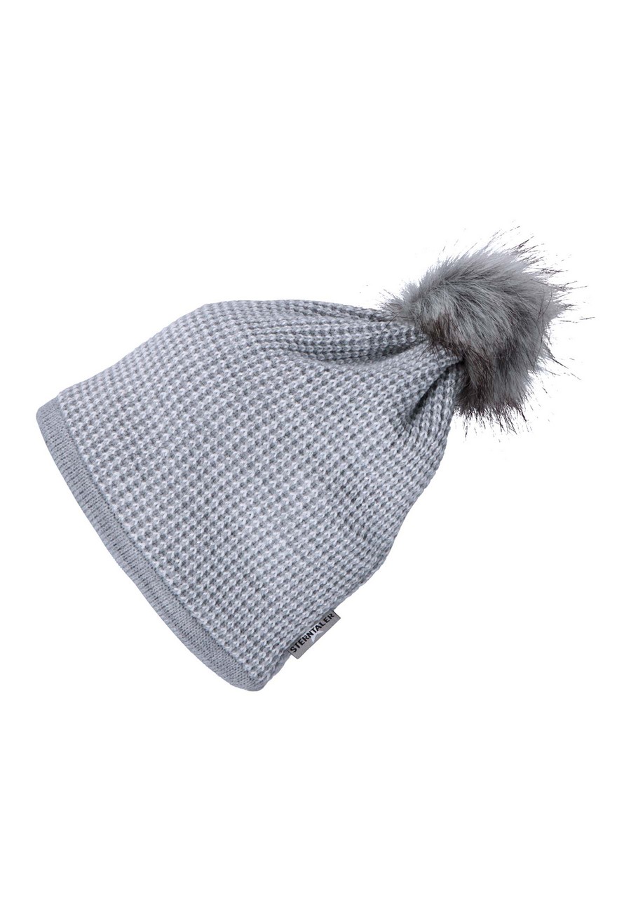 Sterntaler čepice dívčí, spadlá, pletená, šedá, bílý vzor, třpytivá, kožešinová bambule, 4722251