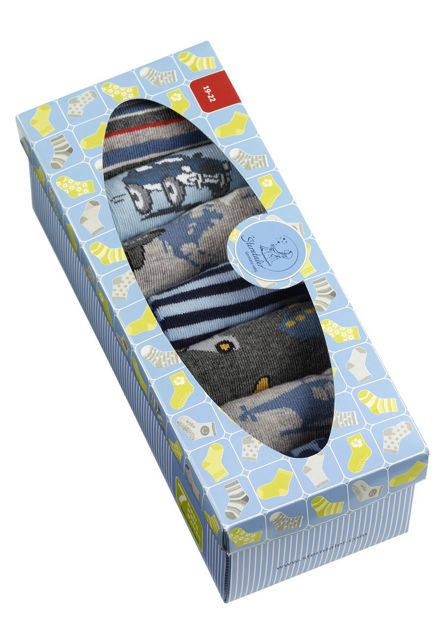 Sterntaler ponožky 7 párů v boxu, chlapecké, modré, šedé, auto, vrtulníky, letadla, proužky, hvězdy 8422251