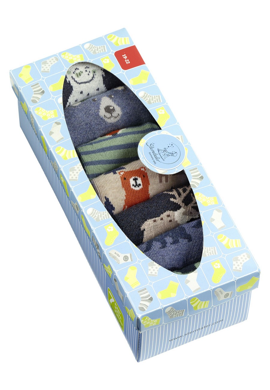 Sterntaler ponožky 7 párů v boxu, chlapecké, modré, zelené, sob, sněhulák, lesní zvířata 8422250