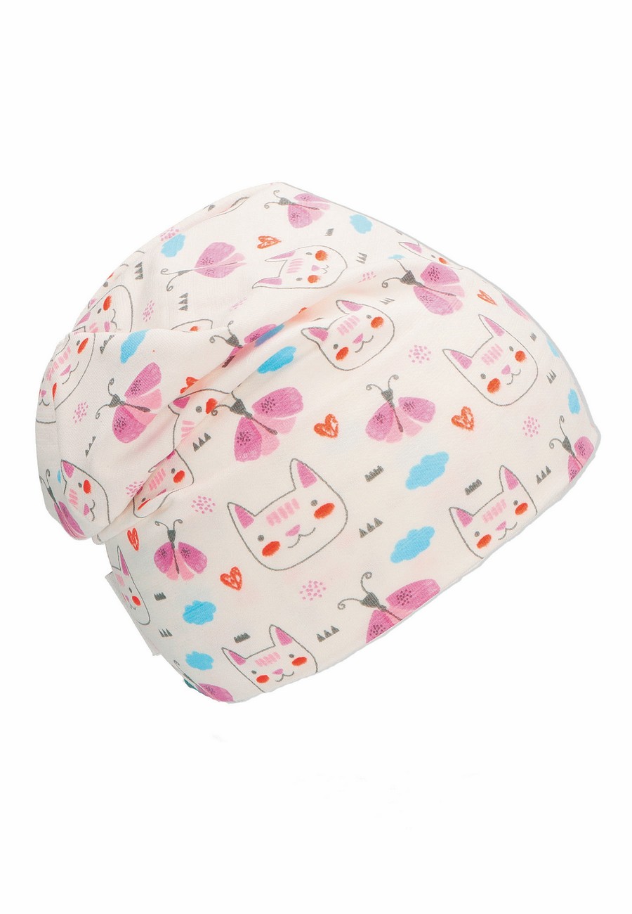 Sterntaler čepička dívčí spadlá, krémová, kočky, motýli, bavlněný jersey UV 30+ 1412250