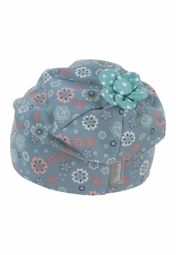 Sterntaler čepička dívčí spadlá, modrošedá kytičky, bavlněný jersey UV 15+ 1402162