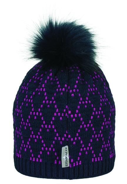 Sterntaler čepice dívčí, pletená, modrá, růžový vzor, kožešinová bambule, 4722111