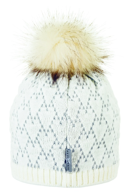 Sterntaler čepice dívčí, pletená, krémová, šedý vzor, kožešinová bambule, 4722111