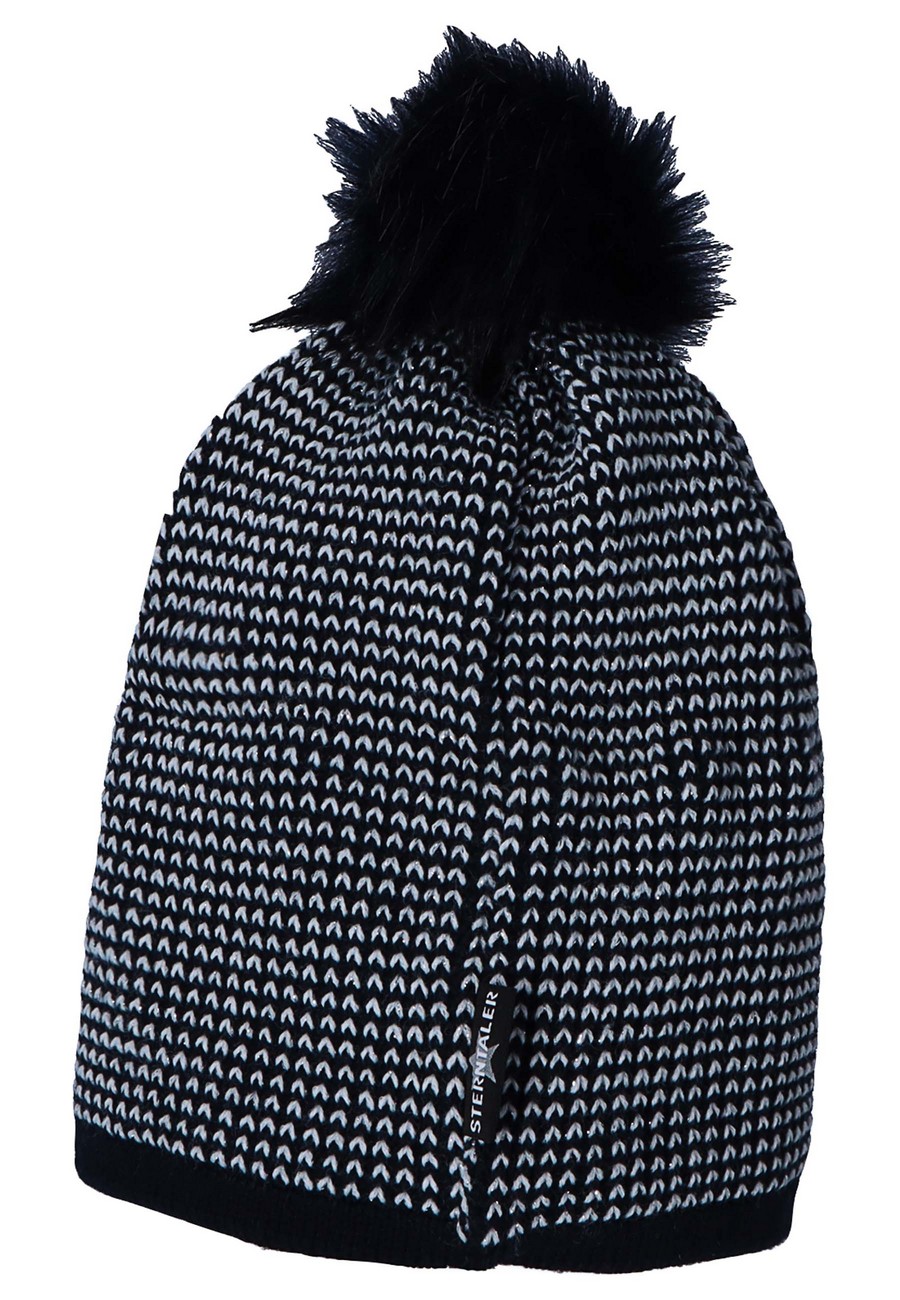 Sterntaler čepice dívčí, spadlá, pletená, tmavě modrá, bílý vzor, třpytivá, kožešinová bambule, 4722251