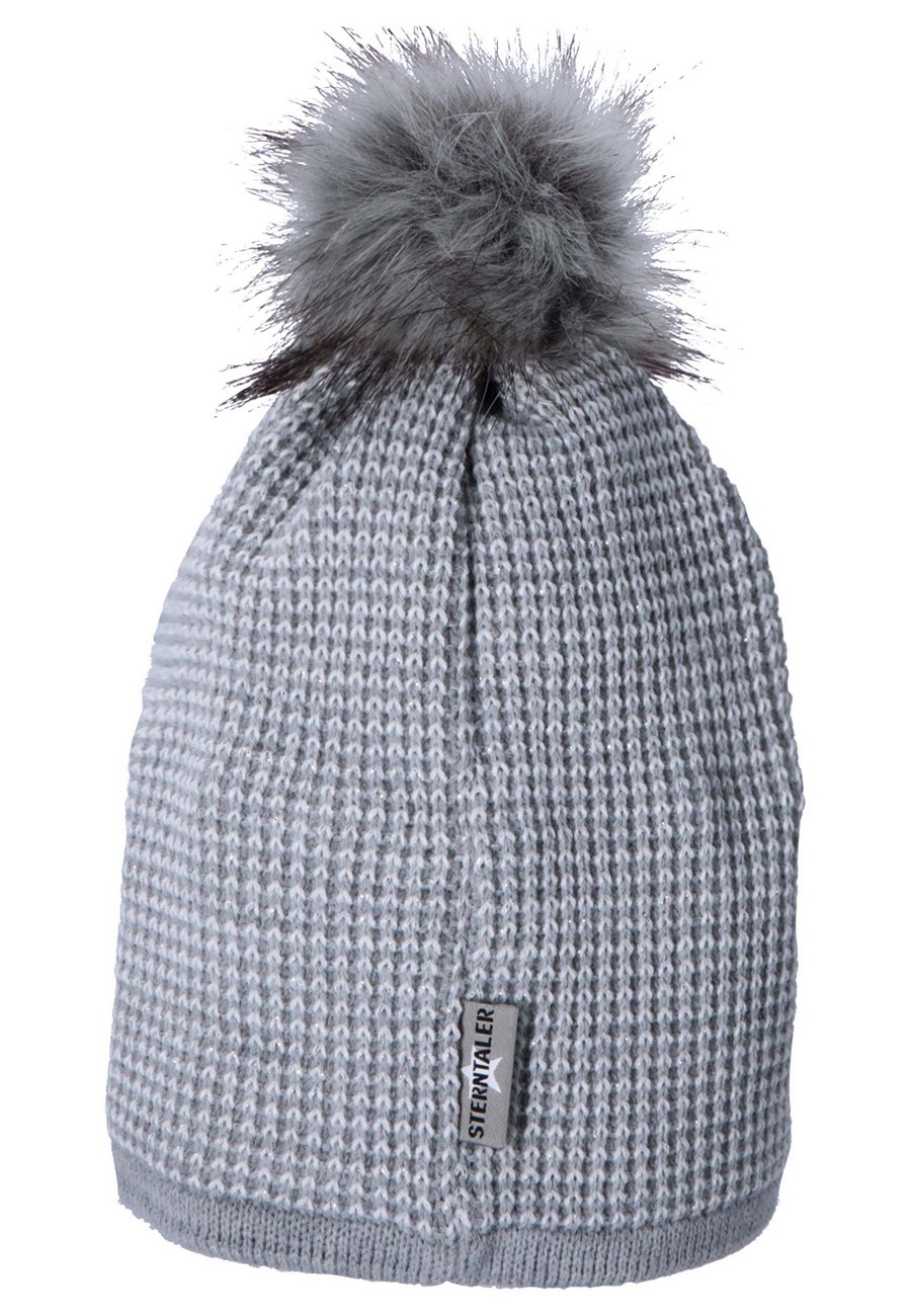 Sterntaler čepice dívčí, spadlá, pletená, šedá, bílý vzor, třpytivá, kožešinová bambule, 4722251