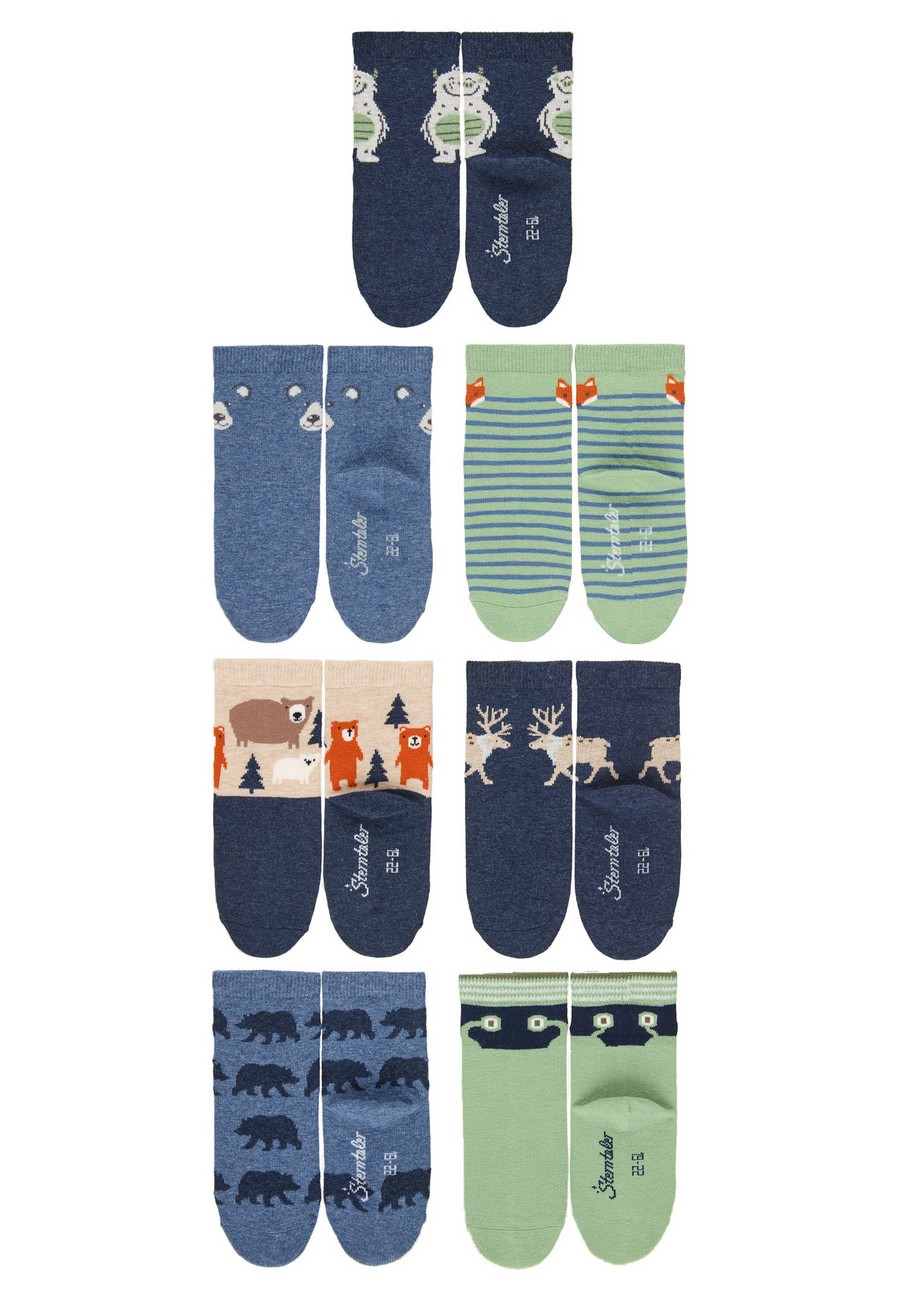 Sterntaler ponožky 7 párů v boxu, chlapecké, modré, zelené, sob, sněhulák, lesní zvířata 8422250