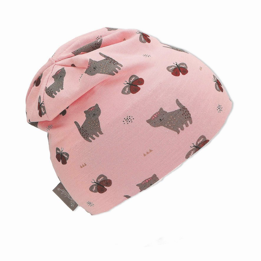 Sterntaler čepička dívčí spadlá, růžová, kočky, motýli, bavlněný jersey UV 50+ 1402260