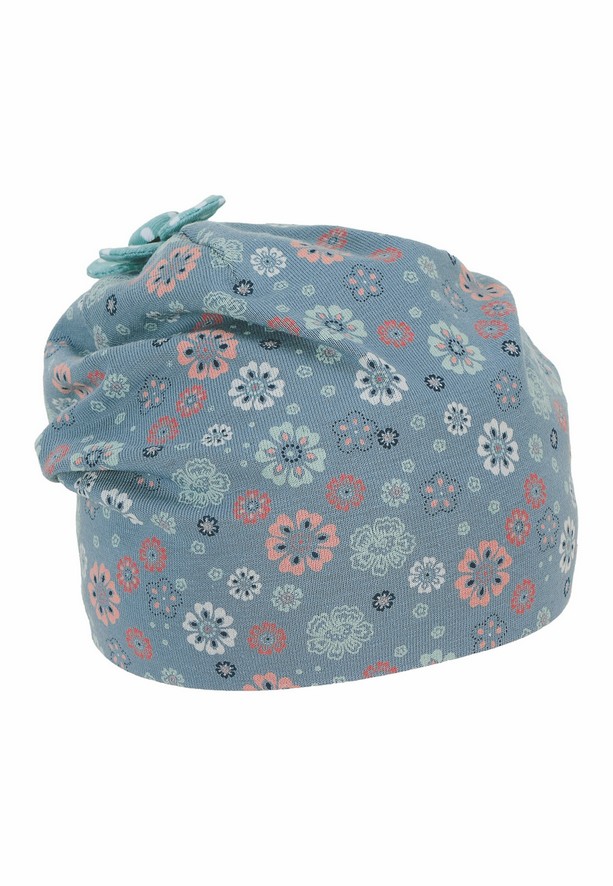Sterntaler čepička dívčí spadlá, modrošedá kytičky, bavlněný jersey UV 15+ 1402162