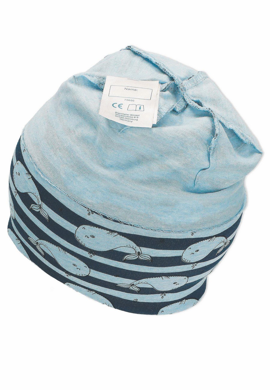 Sterntaler čepice jerzey spadlá modrá chlapecká UV 30+ velryby 1612262