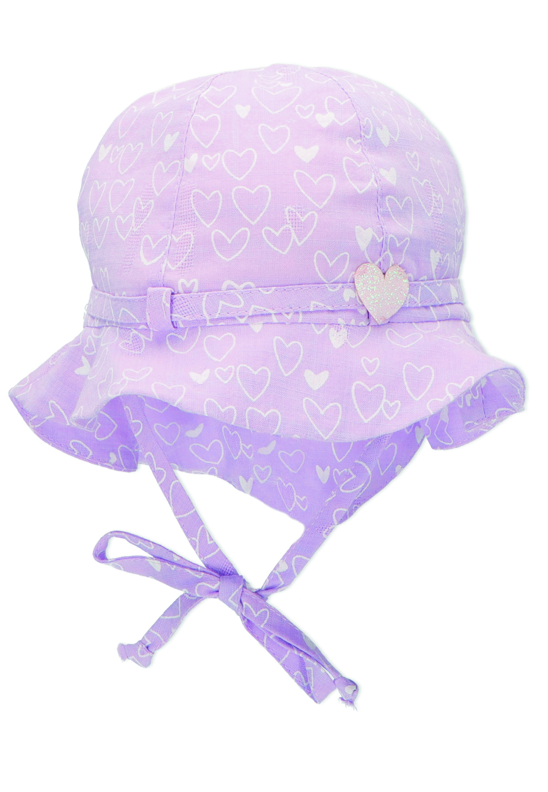 Sterntaler klobouček s plachetkou baby UV 15+ dívčí, zavazovací, fialový, třpytivé srdíčko 1402223