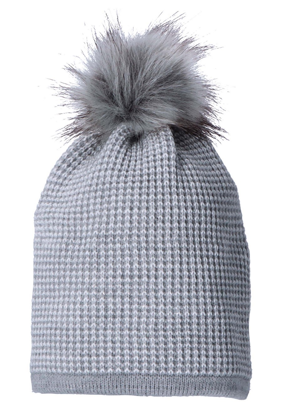 Sterntaler čepice dívčí, spadlá, pletená, šedá, bílý vzor, třpytivá, kožešinová bambule, 4722251