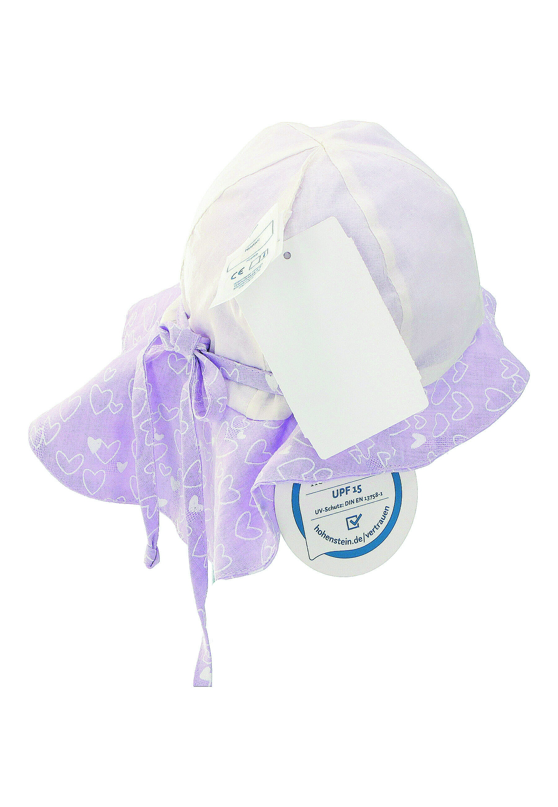 Sterntaler klobouček s plachetkou baby UV 15+ dívčí, zavazovací, fialový, třpytivé srdíčko 1402223