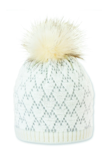 Sterntaler čepice dívčí, pletená, krémová, šedý vzor, kožešinová bambule, 4722111